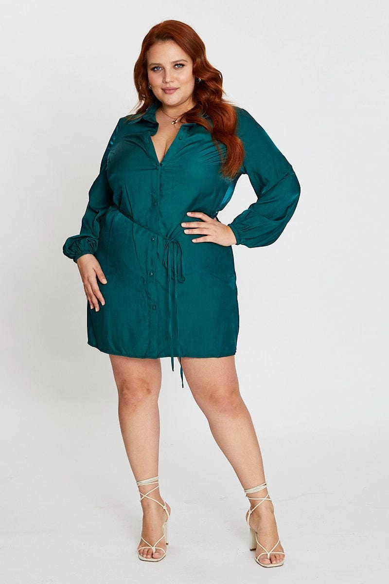 flattering appearance Green Long Sleeve Tie Waist Shirtdress