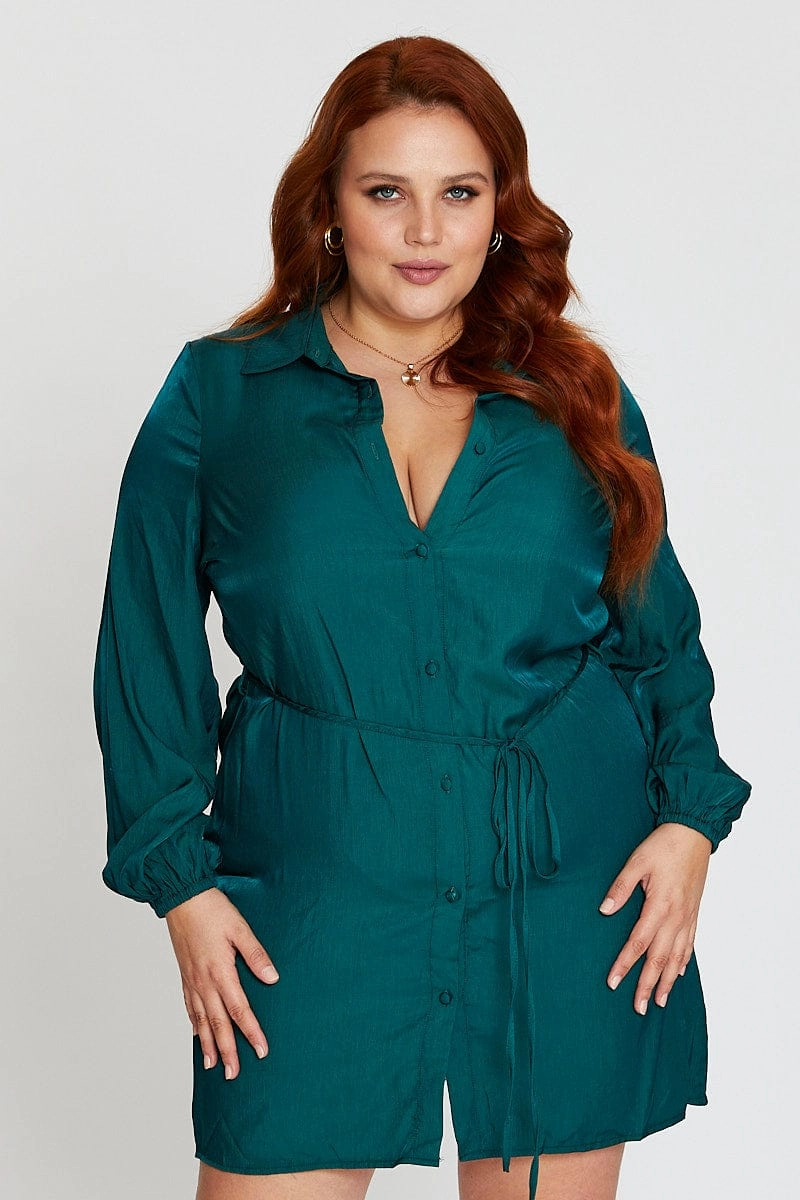 High Waist Green Long Sleeve Tie Waist Shirtdress