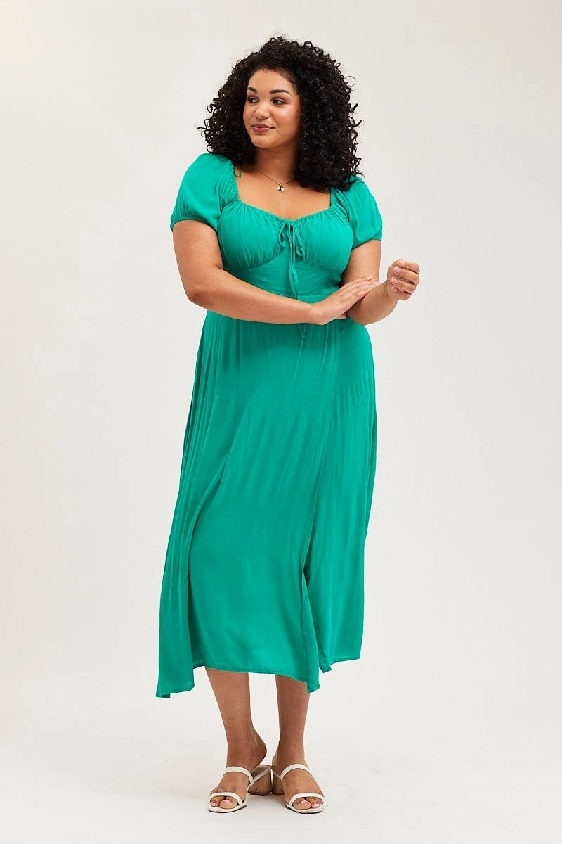 Festive Wear Basic essential Green Maxi Dress Scoop Neck Short Sleeve Front Split