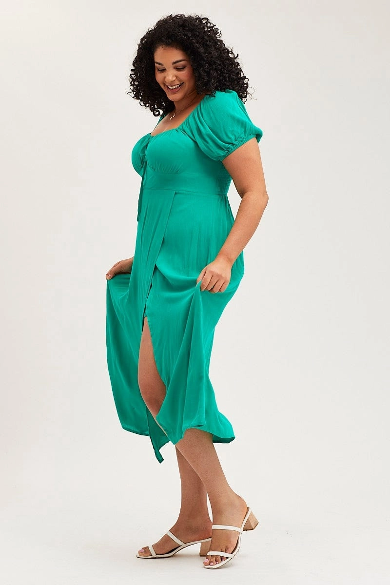 Heritage-Brand Shine Soft Green Maxi Dress Scoop Neck Short Sleeve Front Split