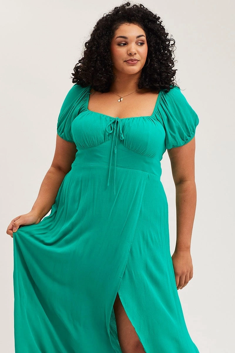 Green Maxi Dress Scoop Neck Short Sleeve Front Split Elegant Everyday Daily Essential