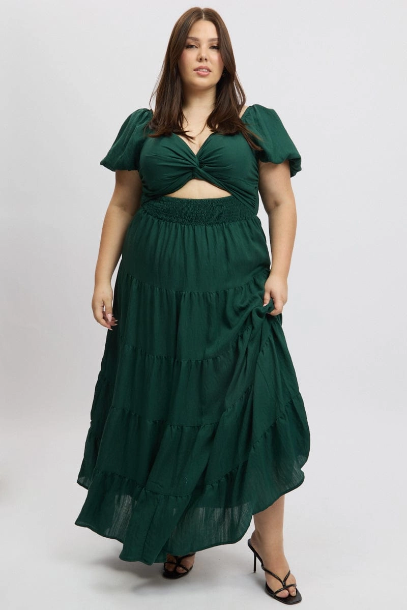 Green Maxi Dress Short Sleeve Twist Front Vibrant Spirit