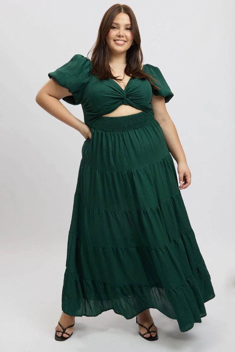 Modern Silhouette Green Maxi Dress Short Sleeve Twist Front