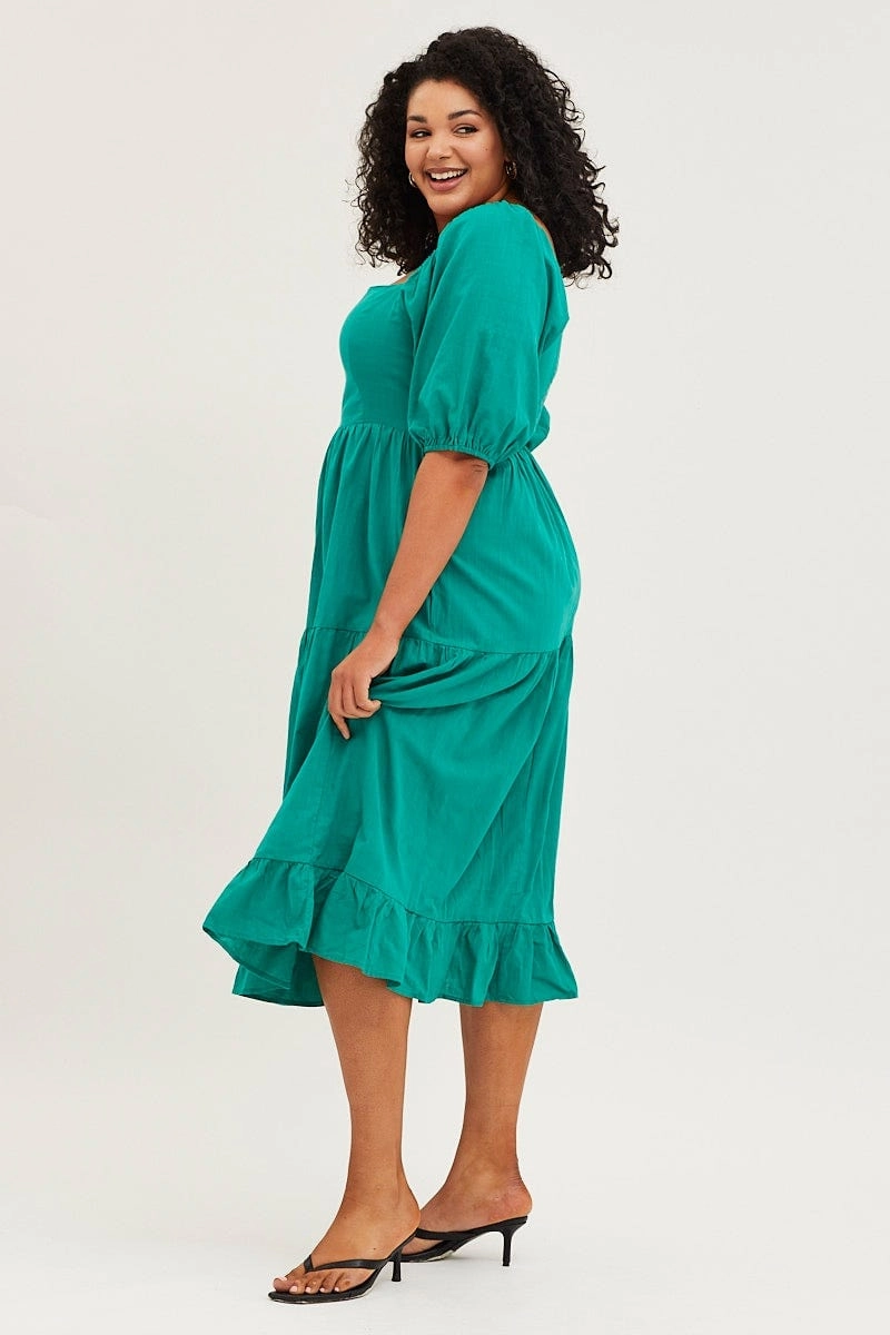 All Wear Green Maxi Dress Square Neck Short Sleeve Tie