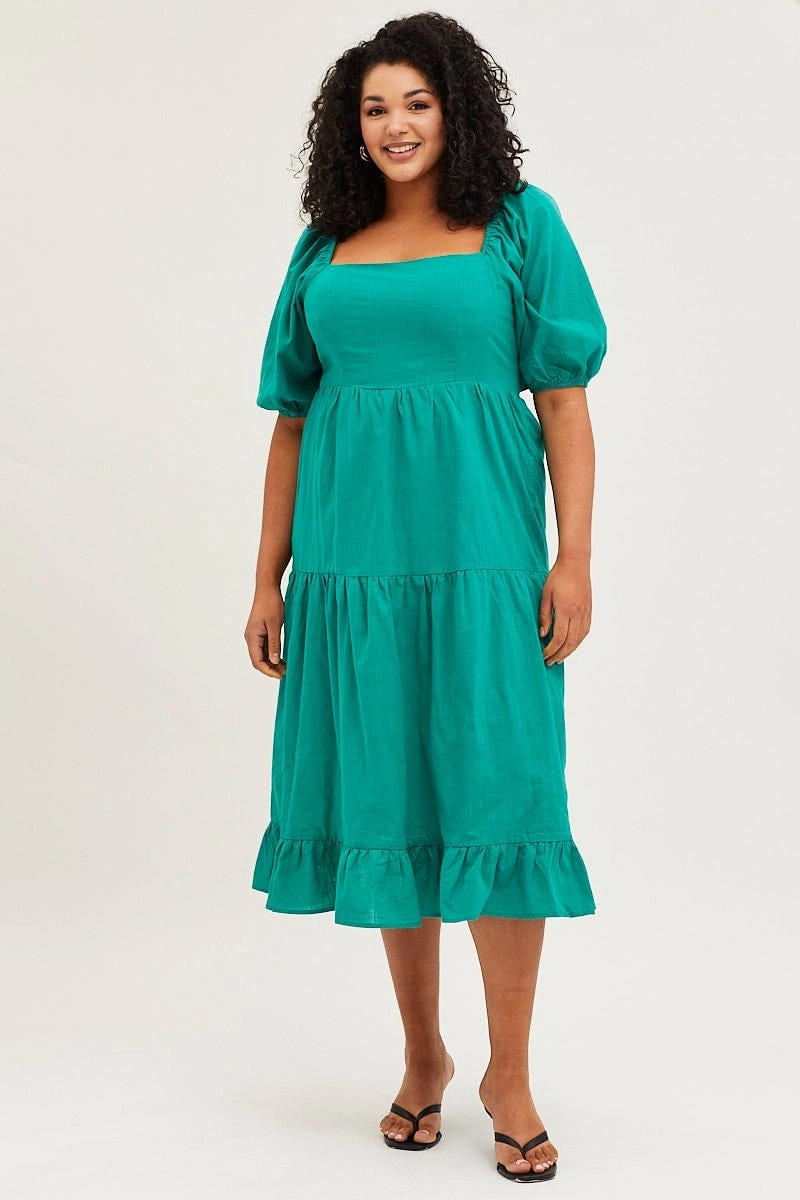 Green Maxi Dress Square Neck Short Sleeve Tie Beaded-Edge City Flow