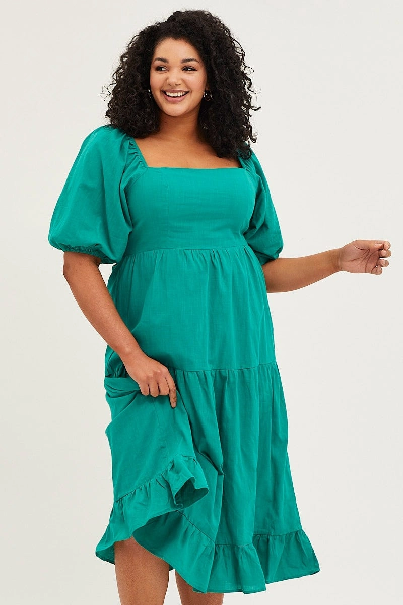 Trendy Piece Wave Soft Green Maxi Dress Square Neck Short Sleeve Tie