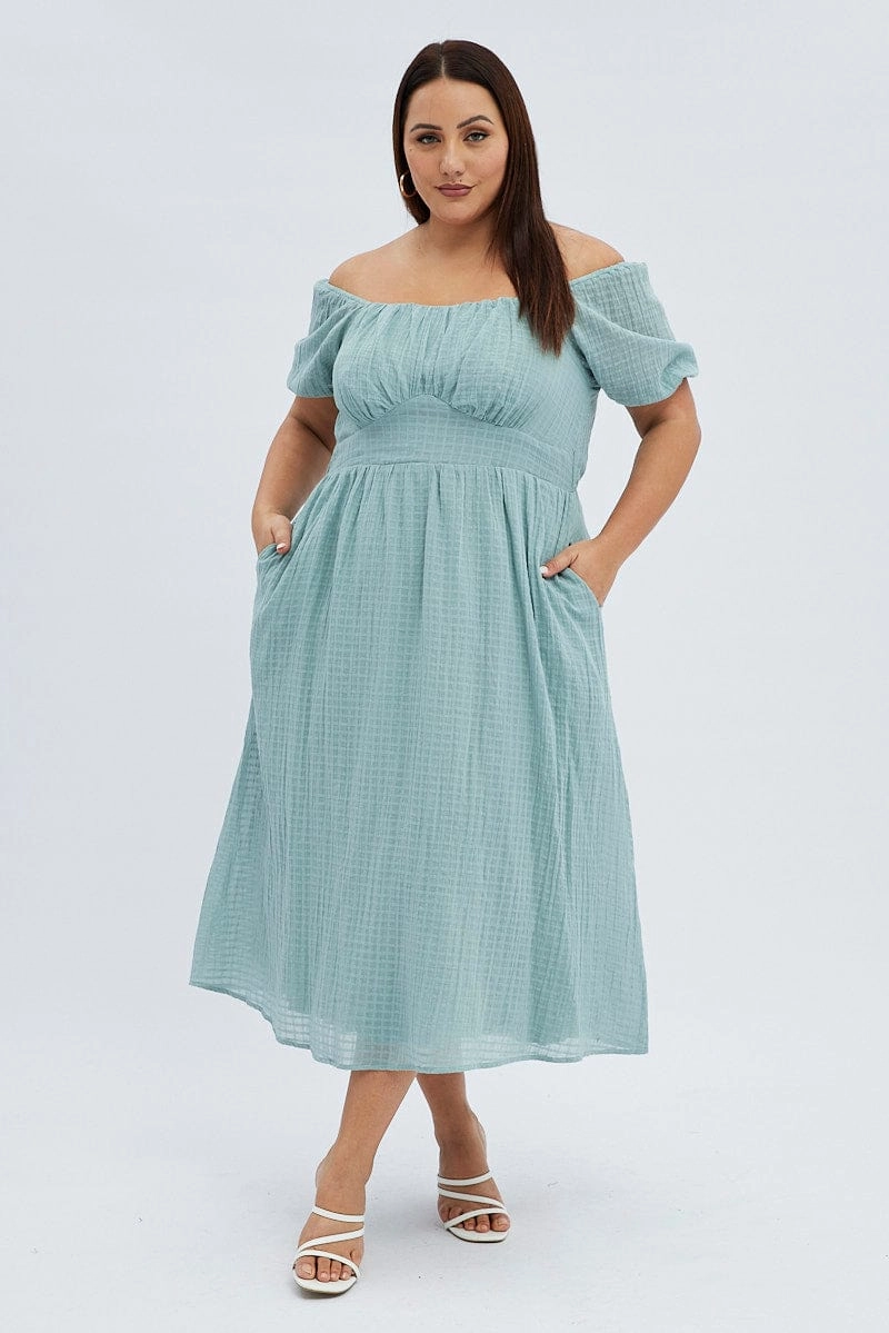 City Friendly Green Midi Dress Check Cotton Puff Sleeve