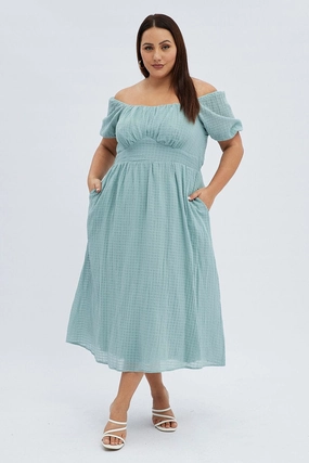 City Friendly Green Midi Dress Check Cotton Puff Sleeve