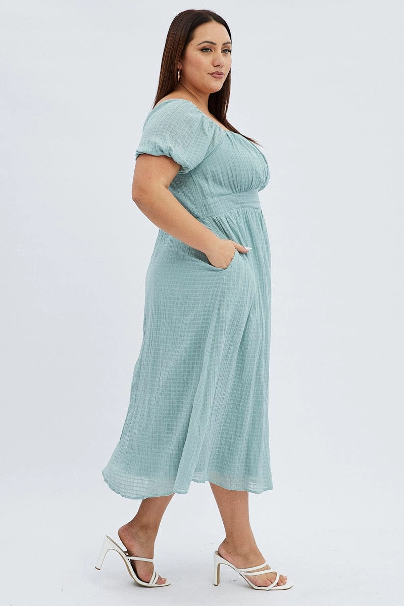 Lounge Mode Vibrant Waist Fit Green Midi Dress Check Cotton Puff Sleeve