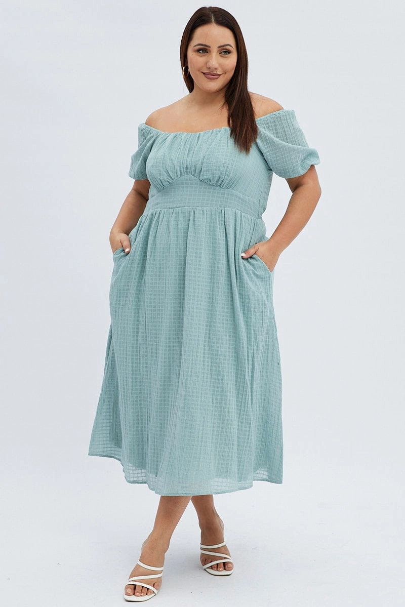 Daily Comfort Breath Ease Green Midi Dress Check Cotton Puff Sleeve