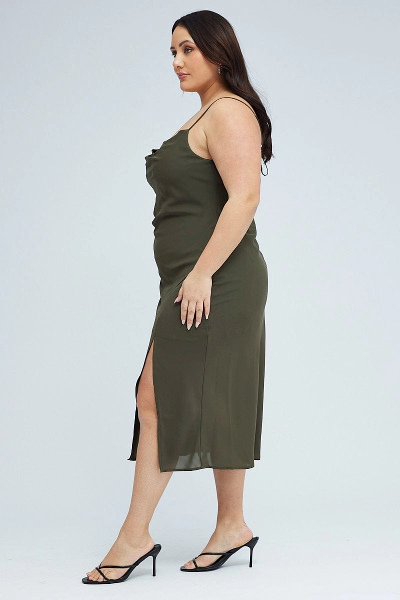 Green Midi Dress Cocktail Split Side Strappy Work-to-Play Wear Airy Silk