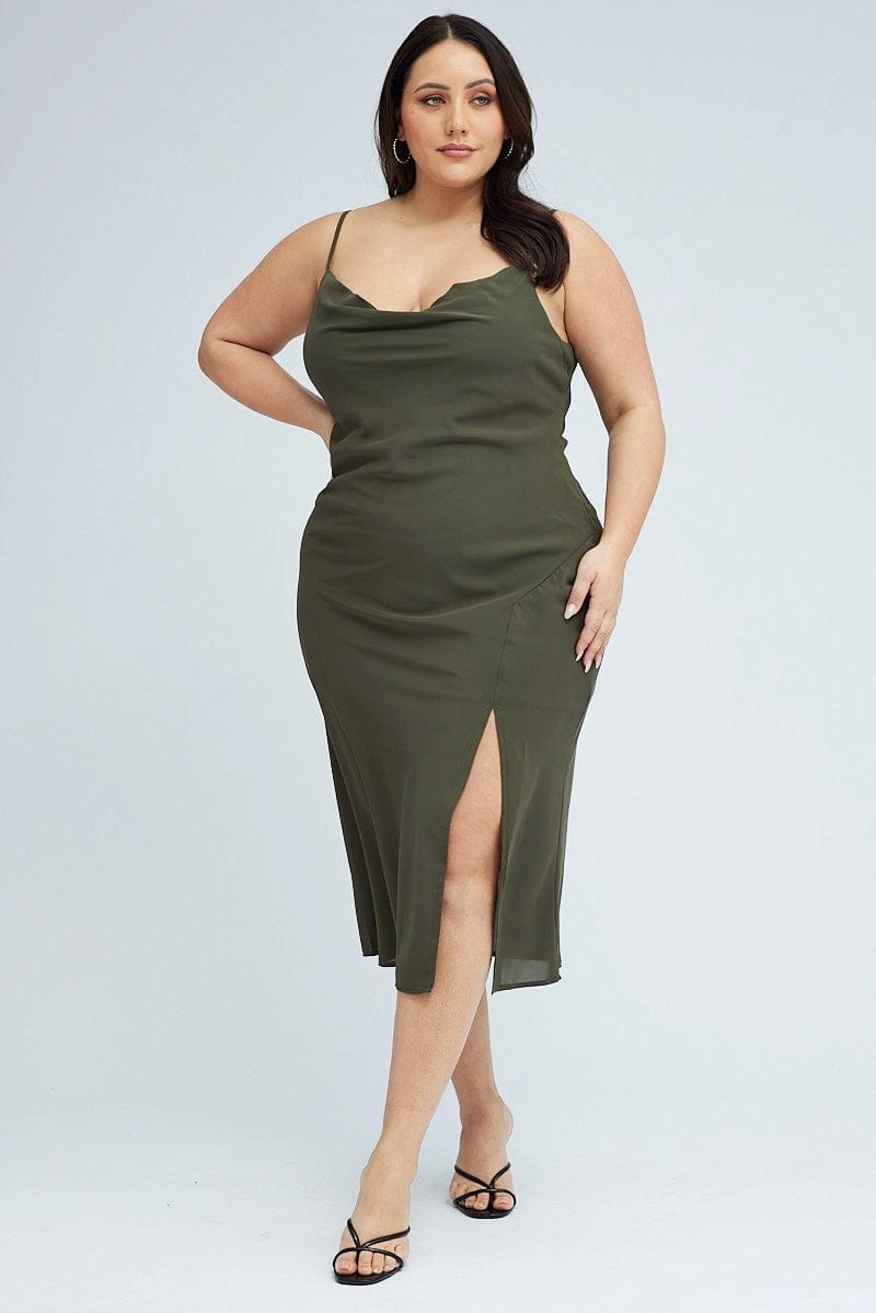 Green Midi Dress Cocktail Split Side Strappy Satin Soft Sheer Element