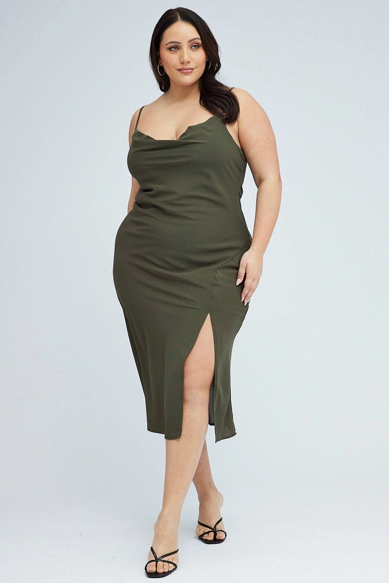 Comfort Stretch Zip Closure Green Midi Dress Cocktail Split Side Strappy
