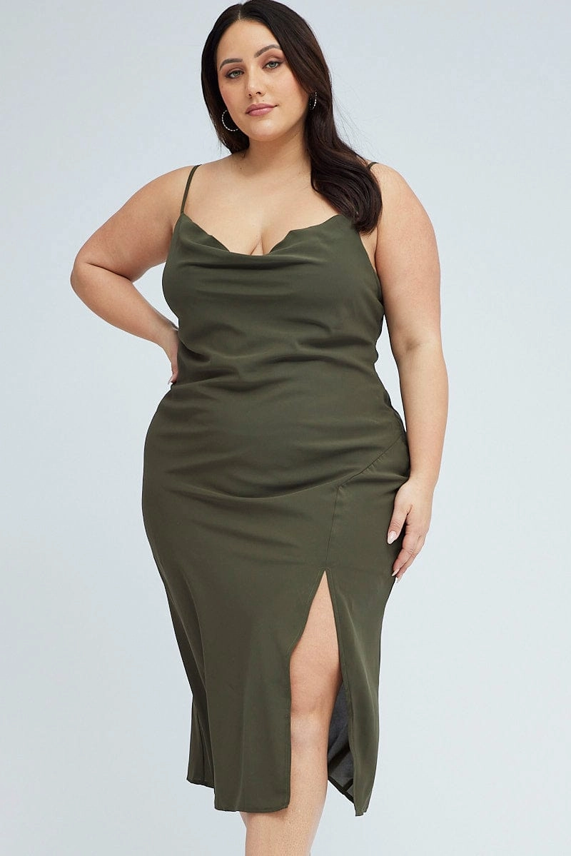 Formed Look Green Midi Dress Cocktail Split Side Strappy