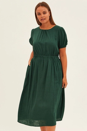 Matte-finish Green Midi Dress Cutout Back Puff Sleeve Linen Blend