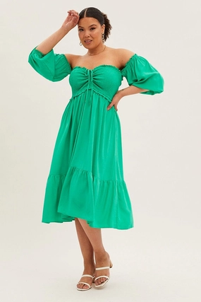 Floral design Love Blend Green Midi Dress Off Shoulder Shirred