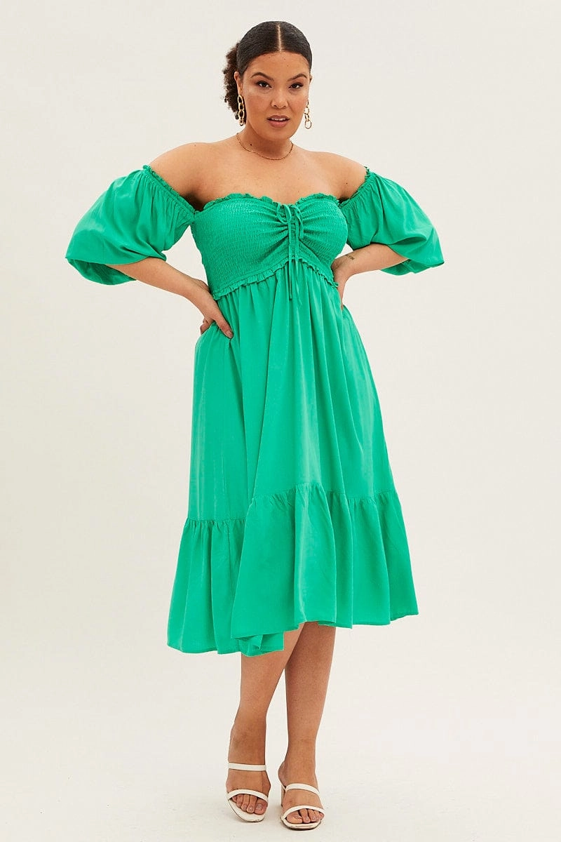 Airy Layer Flap-Detail Green Midi Dress Off Shoulder Shirred