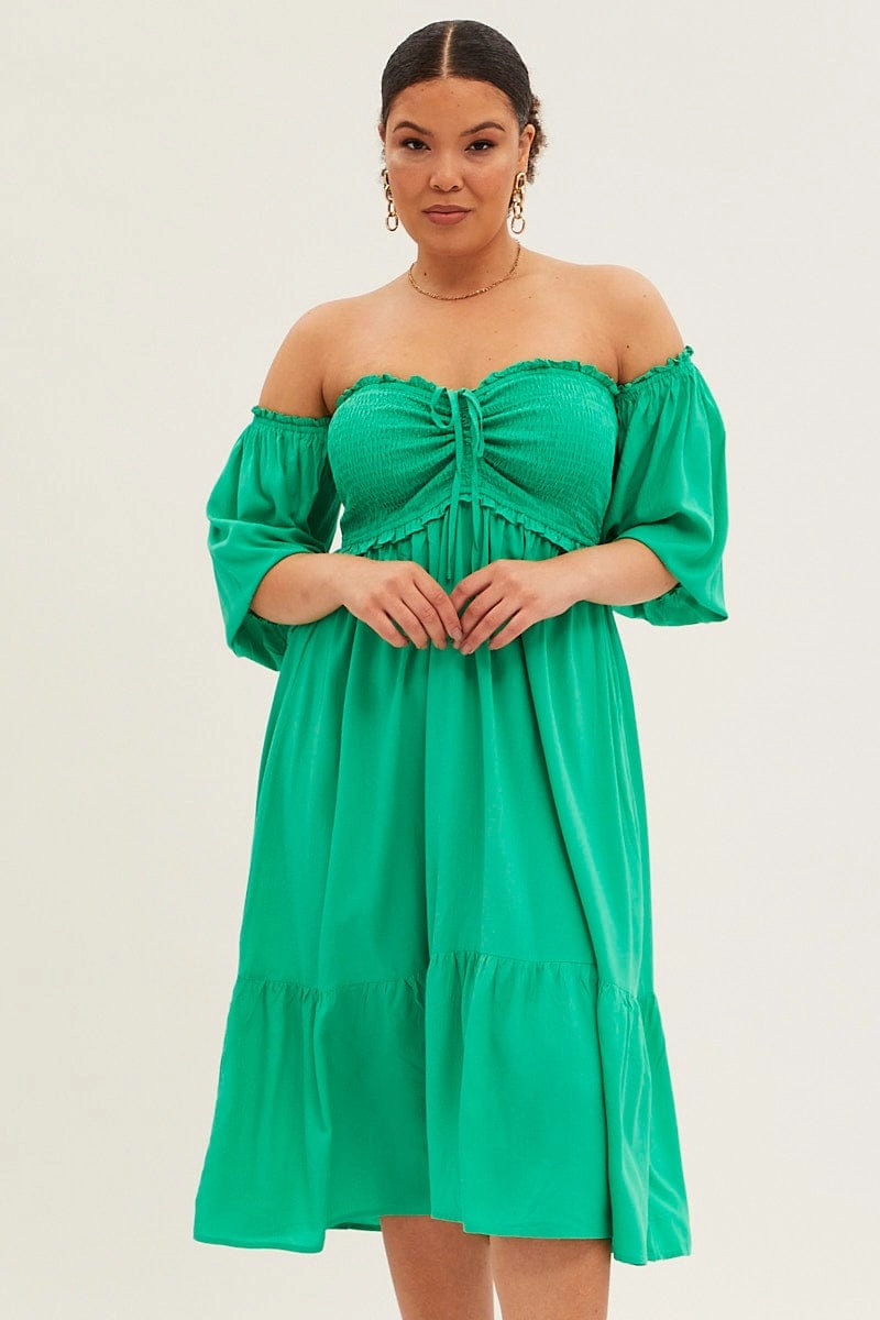 Green Midi Dress Off Shoulder Shirred Perfect for Layering Flawless Waistband