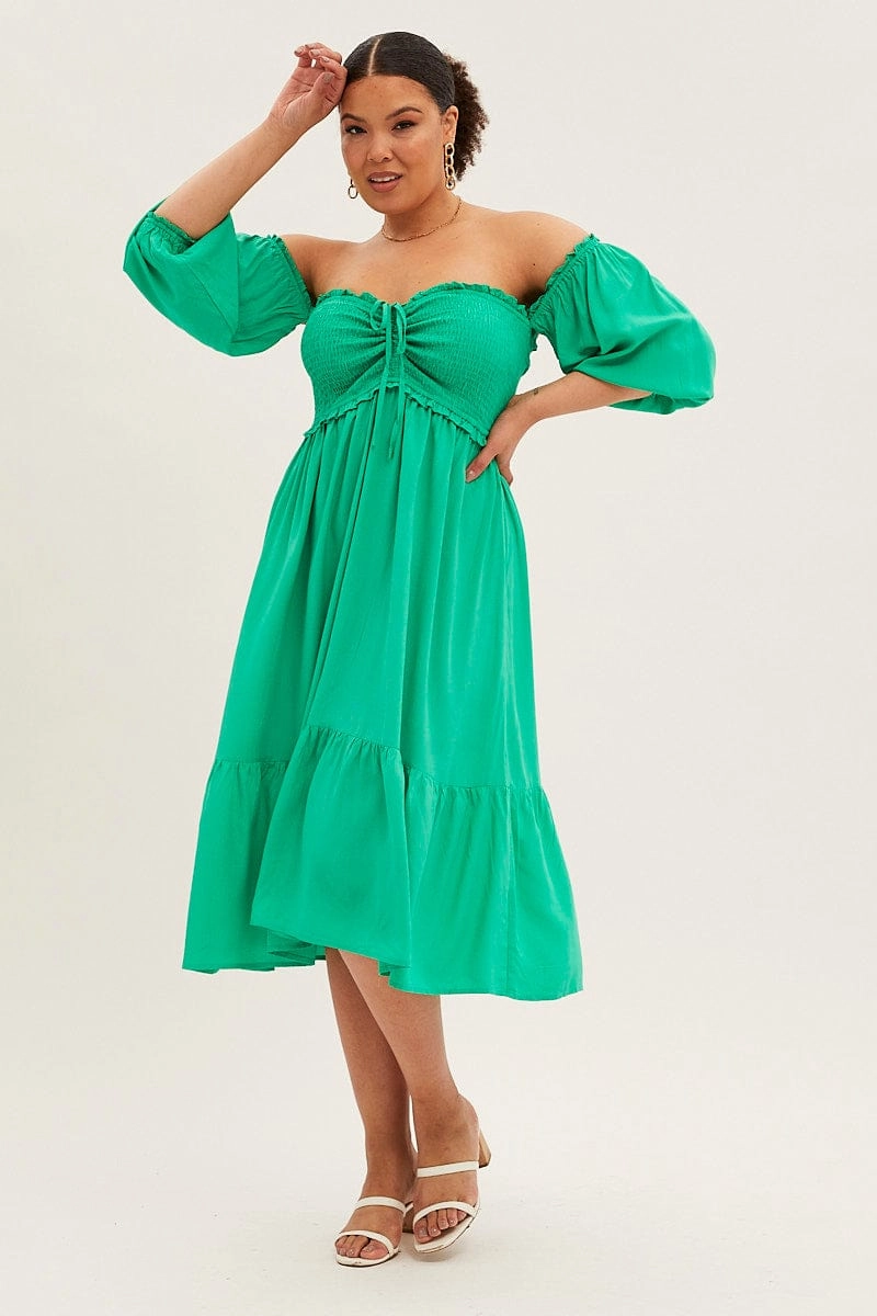 Floral design Love Blend Green Midi Dress Off Shoulder Shirred