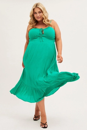 Classic Comfort Green Midi Dress Shoestring Strap Gather Bust Frill Hem