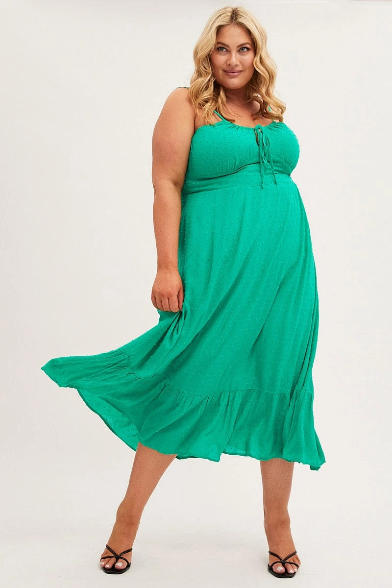 wrap waist Green Midi Dress Shoestring Strap Gather Bust Frill Hem