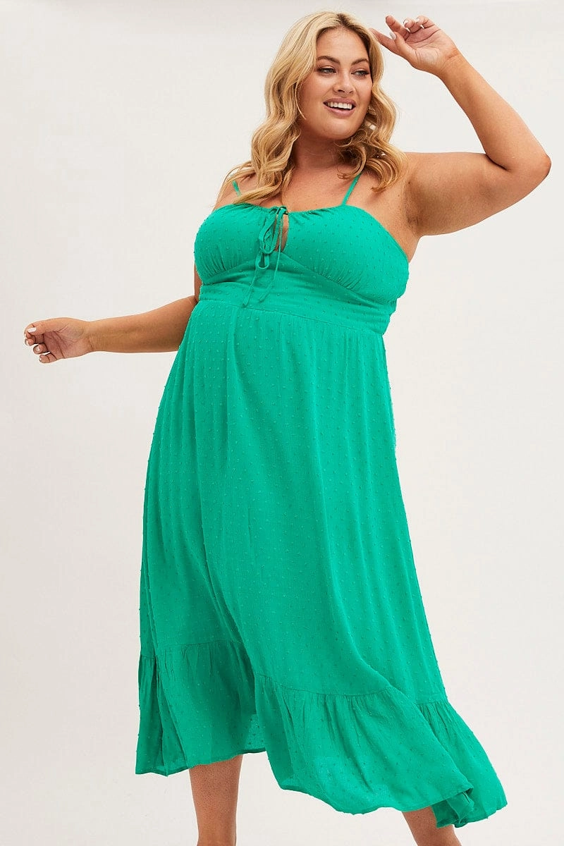 Smooth Mood Body Flow Green Midi Dress Shoestring Strap Gather Bust Frill Hem