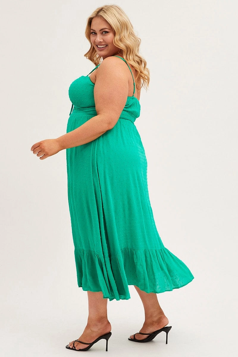 All Occasion Smart Layers Green Midi Dress Shoestring Strap Gather Bust Frill Hem