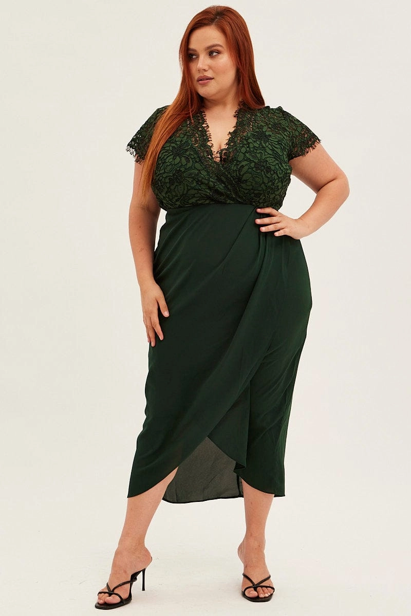 Layering-Piece Green Midi Dress Short Sleeve Lace Top