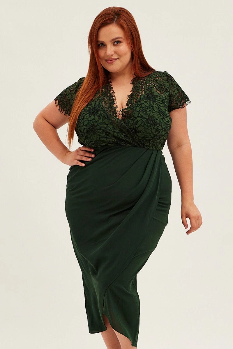 Green Midi Dress Short Sleeve Lace Top Fringe-Detail Calm Texture