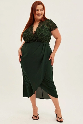 Bright bold dress Green Midi Dress Short Sleeve Lace Top