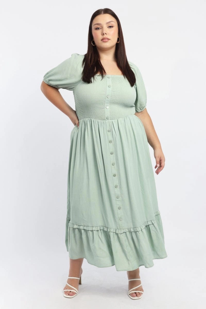 Bless Glow Green Midi Dress Short Sleeve Shirred Bust