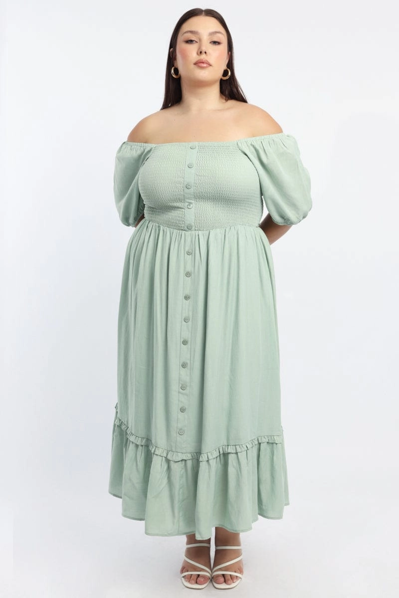 Formal Aura Heart Tone Green Midi Dress Short Sleeve Shirred Bust