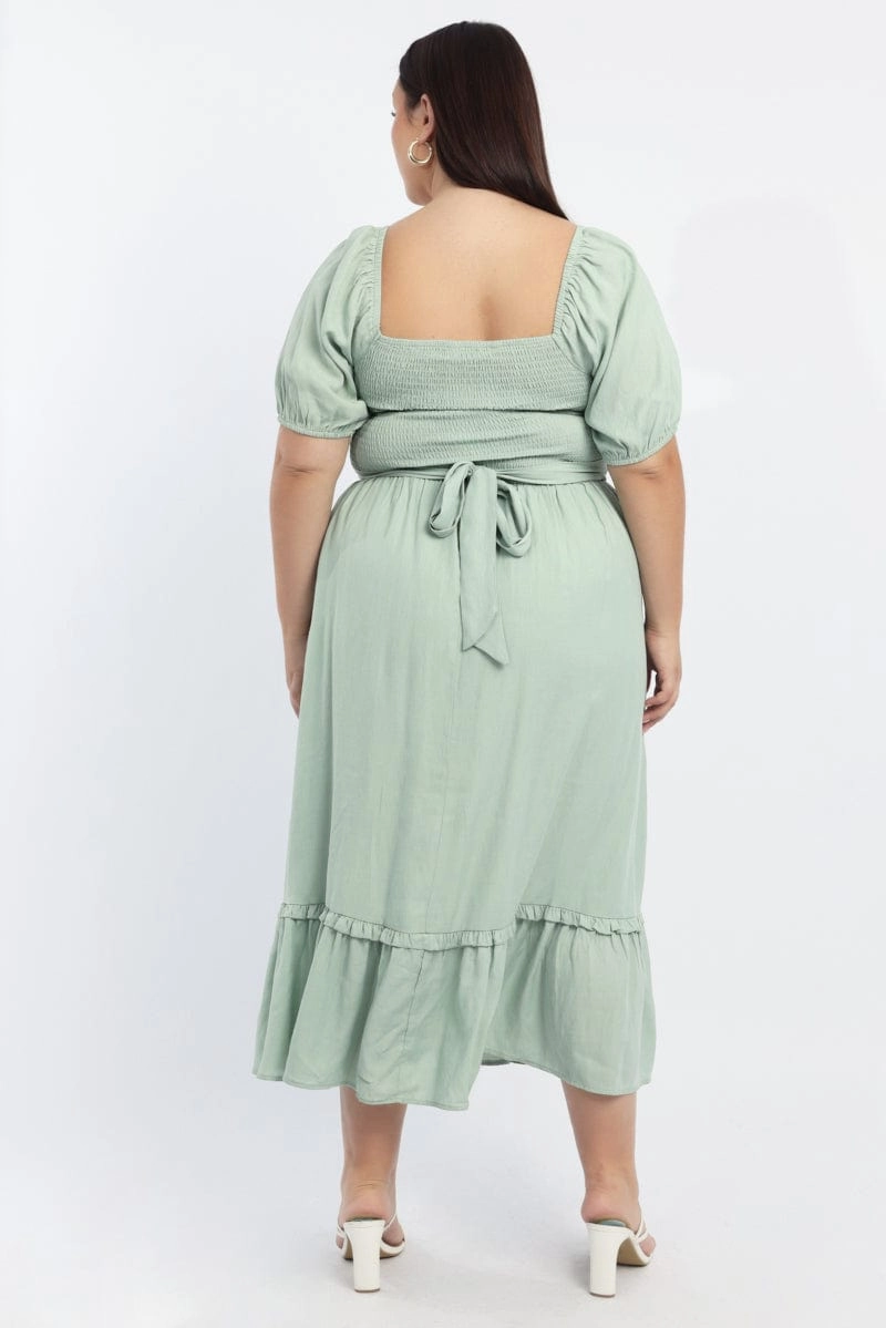 Green Midi Dress Short Sleeve Shirred Bust Rose Soft