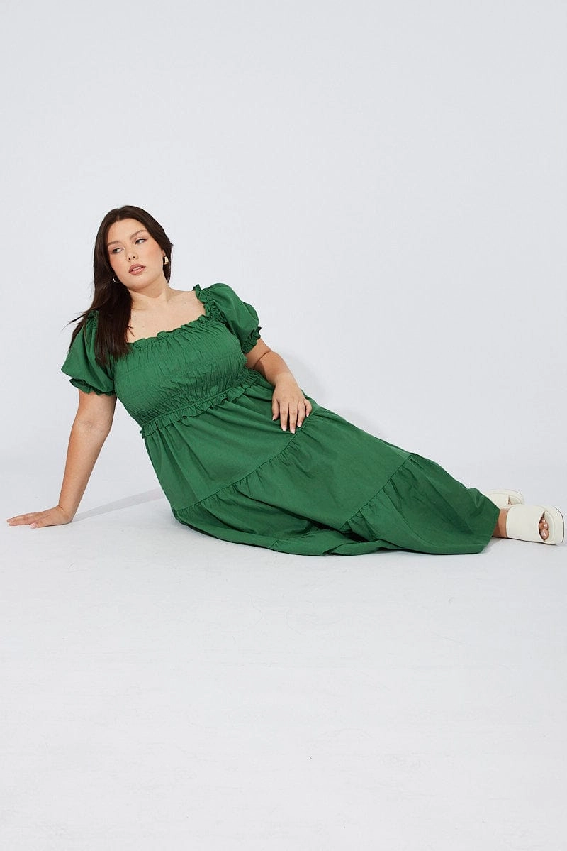Semi Casual Low-Waist Green Midi Dress Short Sleeve Shirred