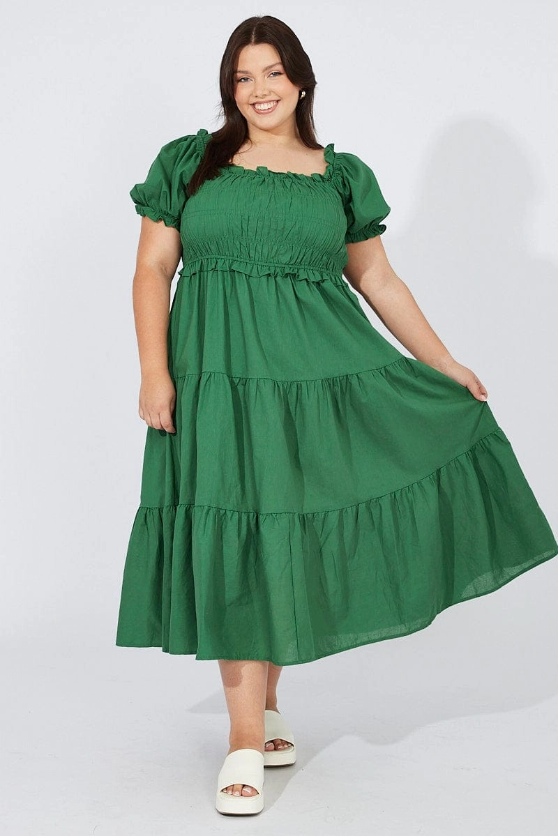 Effortless Fit Design Work Look Green Midi Dress Short Sleeve Shirred