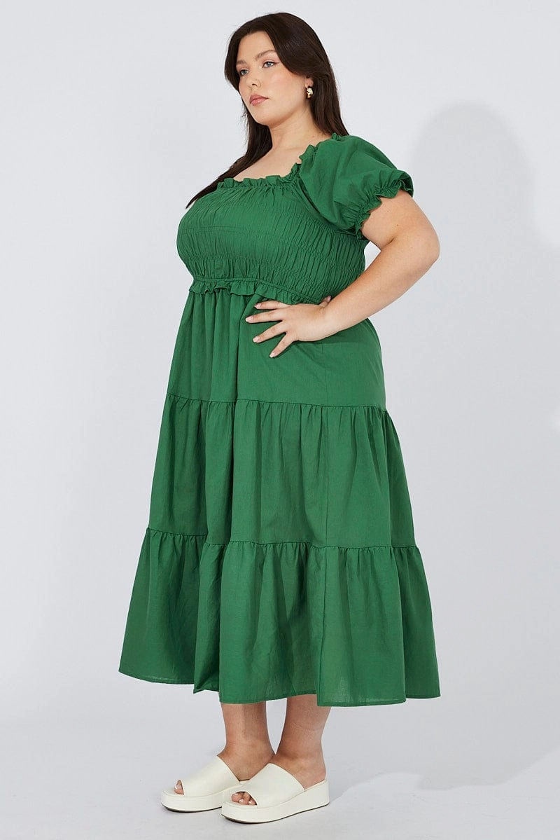 Green Midi Dress Short Sleeve Shirred Body Safe Chic Energy