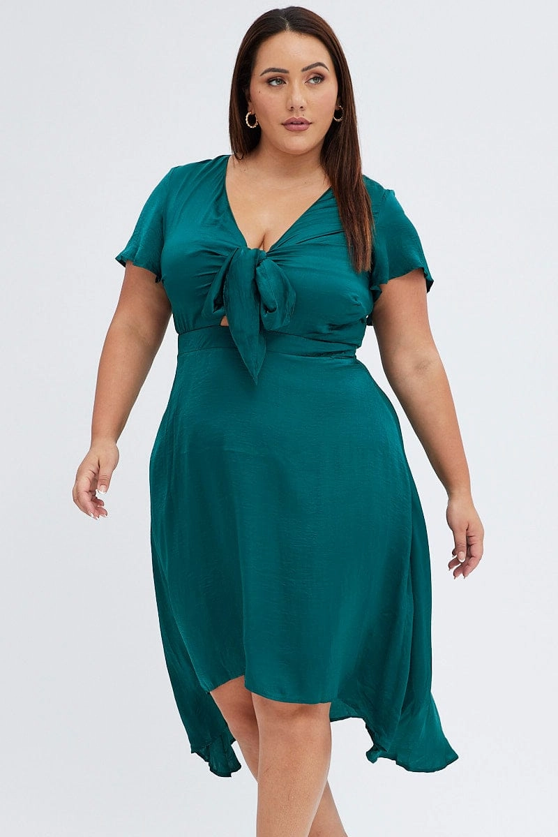 Green Midi Dress Short Sleeve Tie Back Satin Smooth Motion Seasonal Comfort
