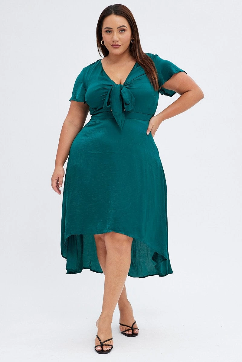Green Midi Dress Short Sleeve Tie Back Satin Chic and Cozy Wear
