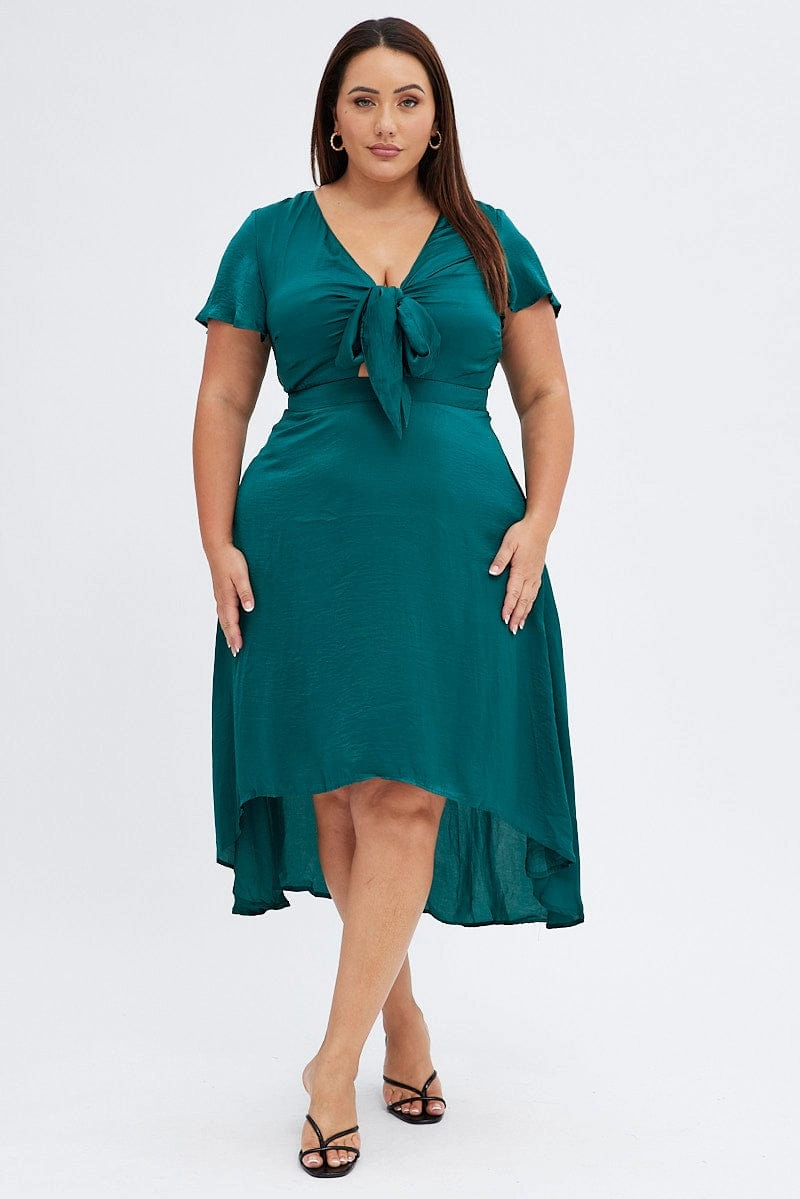 Bright Mood Green Midi Dress Short Sleeve Tie Back Satin