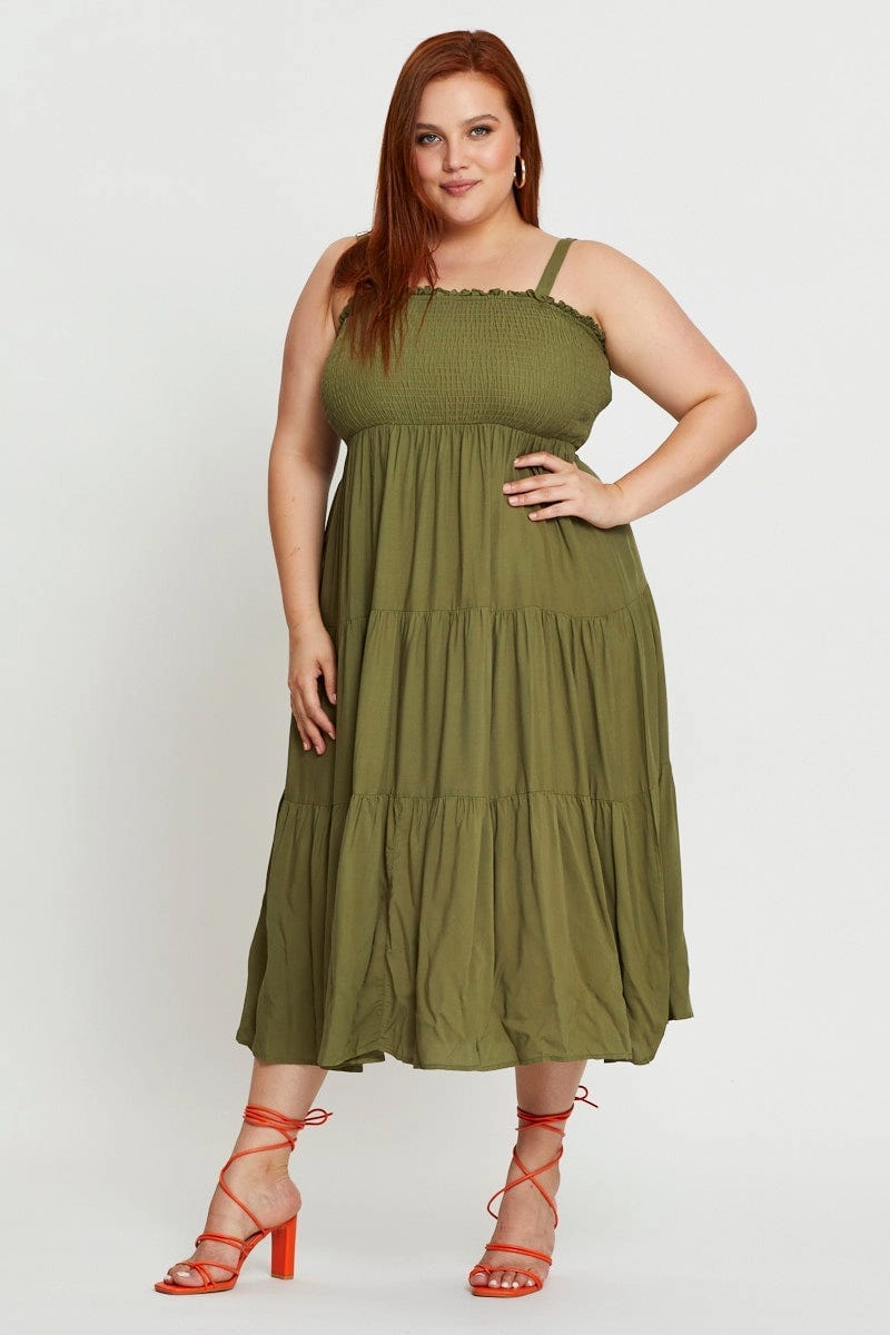 Green Midi Dress Square Neck Sleeveless Comfy Look