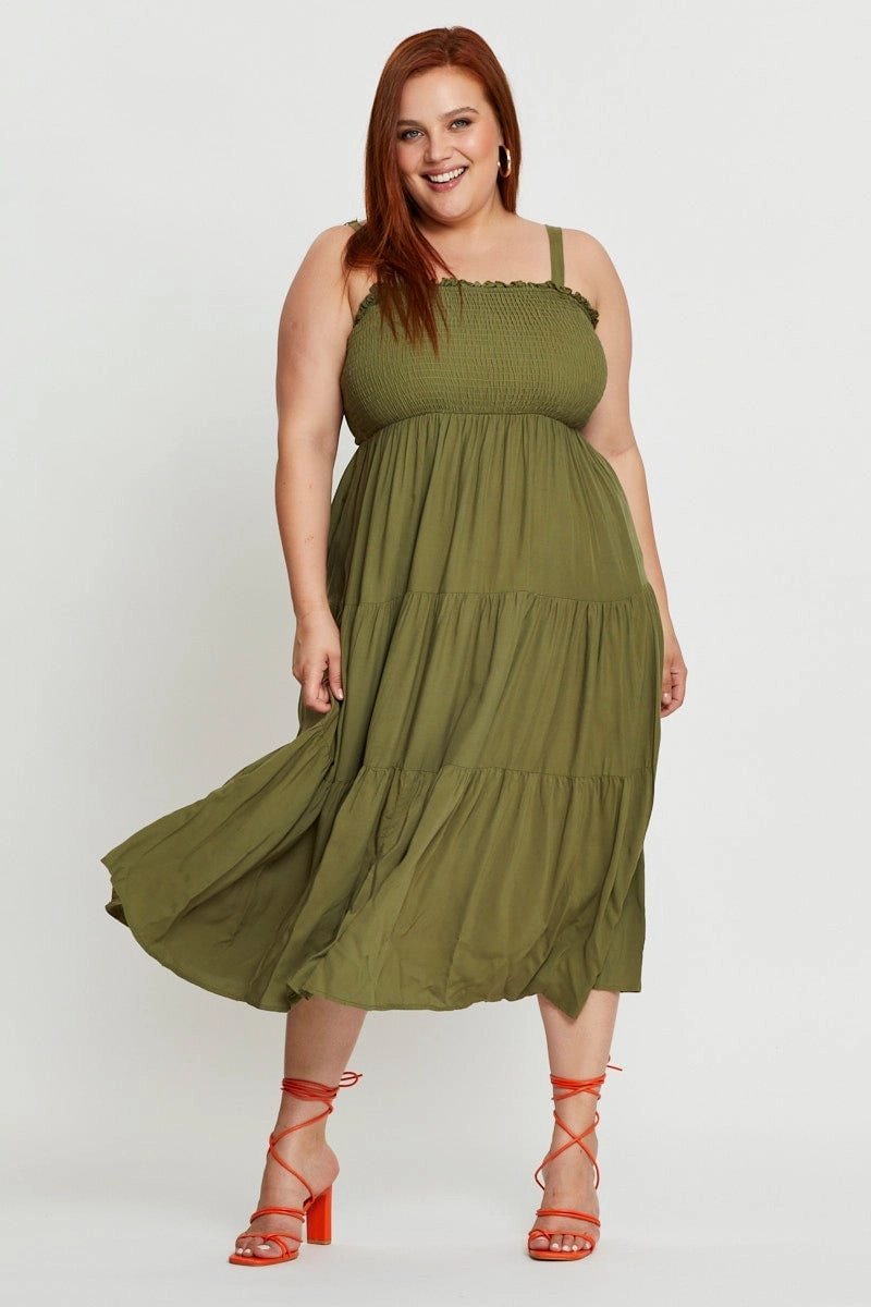 Green Midi Dress Square Neck Sleeveless Airy Silk