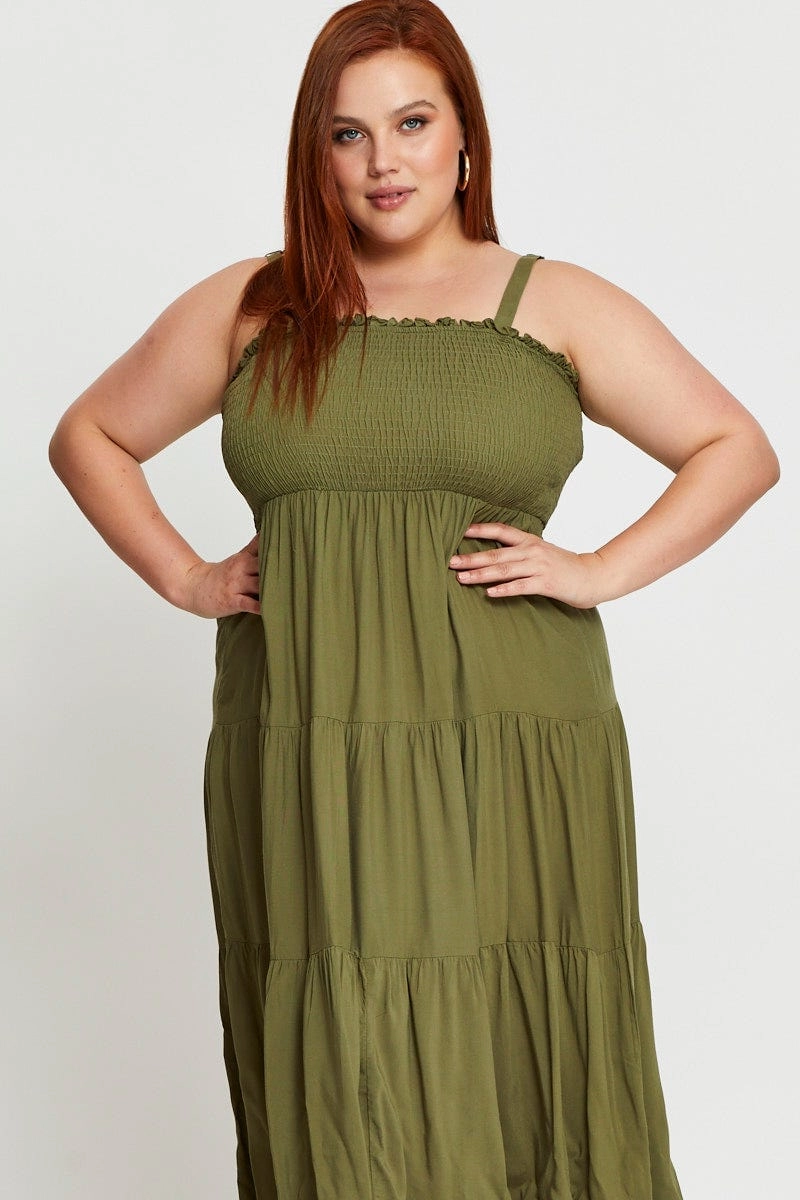 City Style Green Midi Dress Square Neck Sleeveless