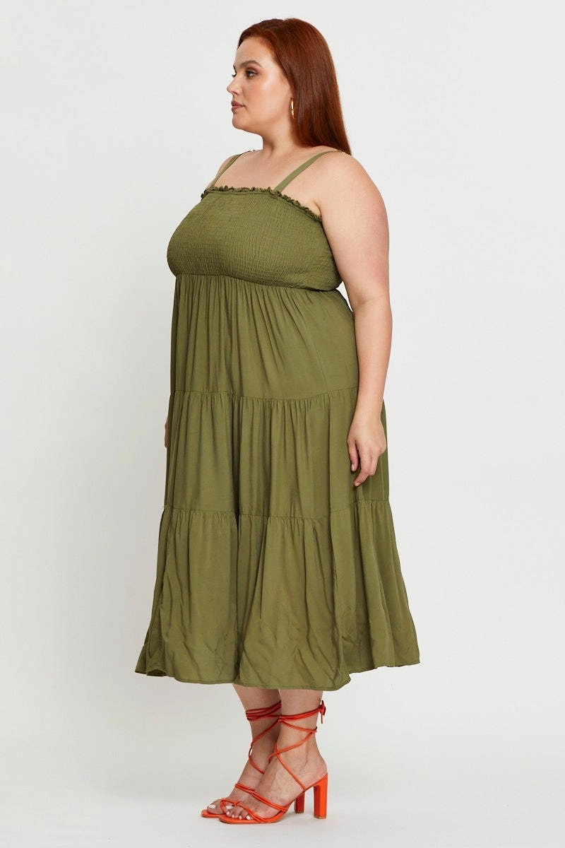 Classic and Chic Green Midi Dress Square Neck Sleeveless