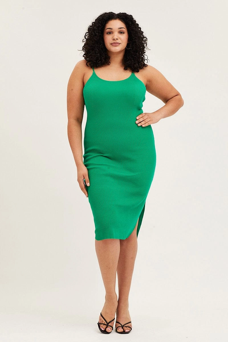 Calm Aesthetic Sleek Drape Green Midi Knit Bodycon Dress Scoop Neck Sleeveless