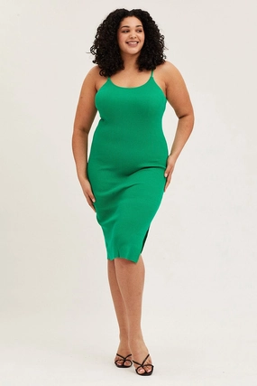 Green Midi Knit Bodycon Dress Scoop Neck Sleeveless Floral Swing
