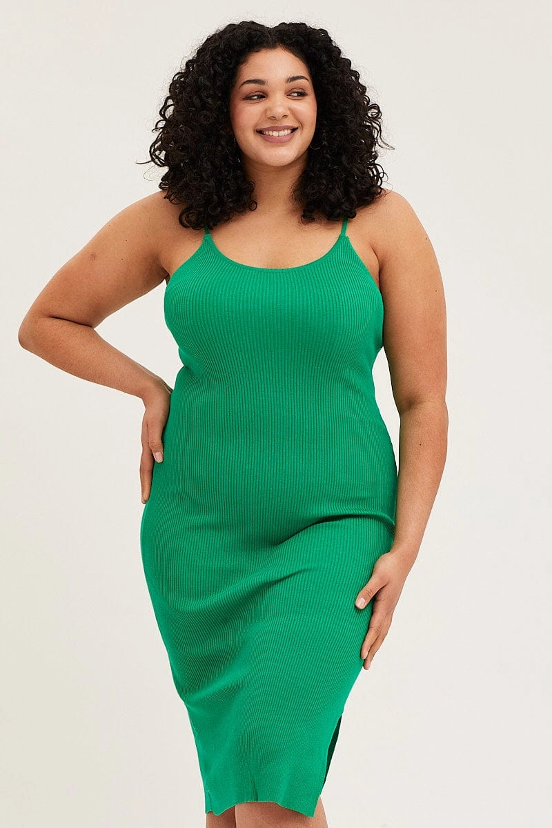 Gender Fluid Green Midi Knit Bodycon Dress Scoop Neck Sleeveless