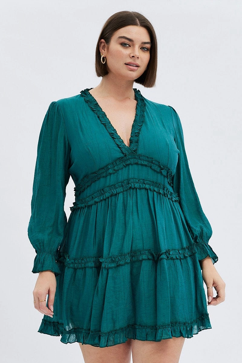 Green Mini Dress Textured Chiffon Frill Long Sleeve Flowy-Shape Birthday-Celebration