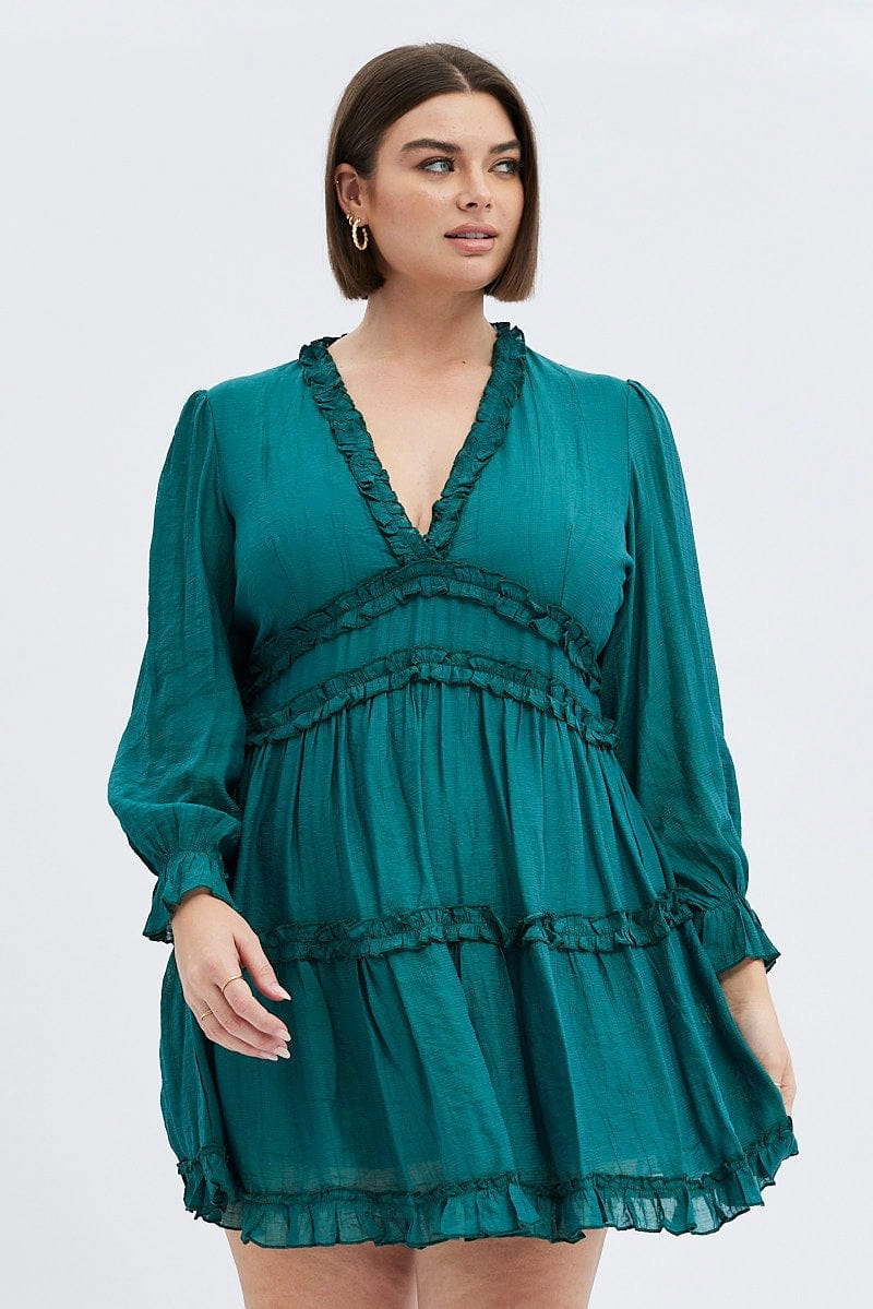 Green Mini Dress Textured Chiffon Frill Long Sleeve Dress-Up Style Casual Motion