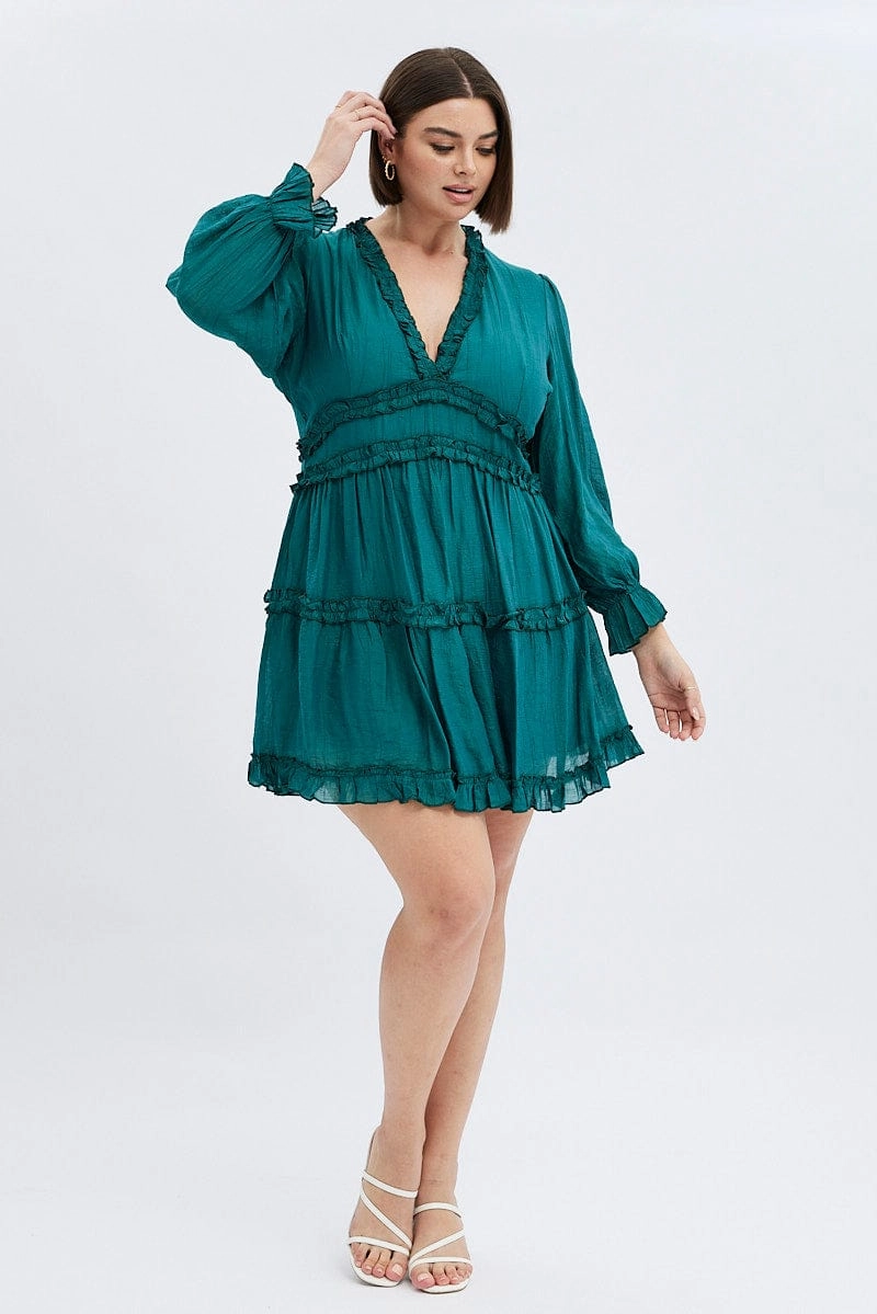 Green Mini Dress Textured Chiffon Frill Long Sleeve Street Mode Comfy Yet Stylish