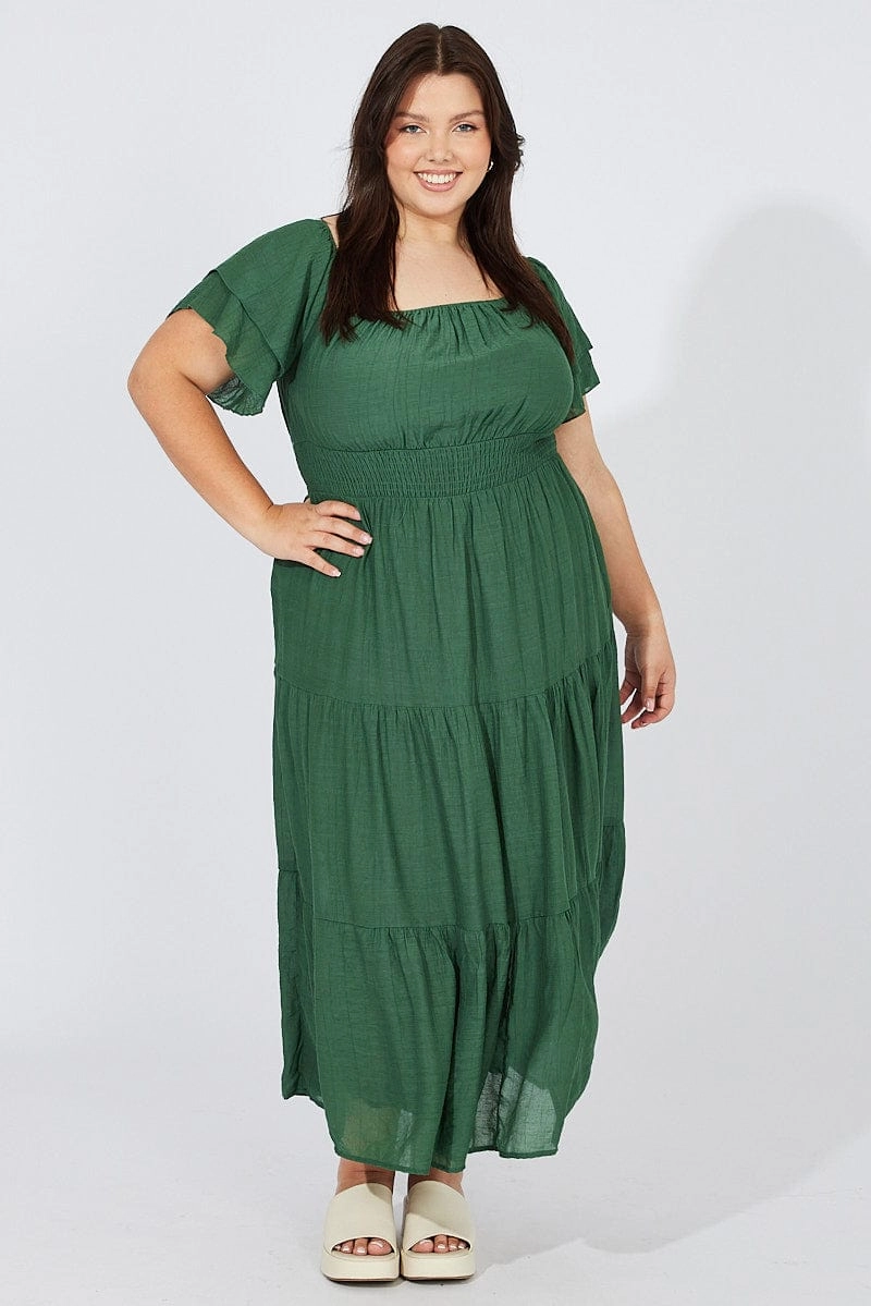 Holiday-Party Compressible Green Off Shoulder Layer Midi Dress